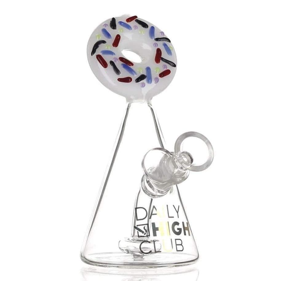 Front view of the DHC Originals "Frosted Donut" Bong, showcasing a colorful, frosted donut-shaped mouthpiece on a clear glass base.