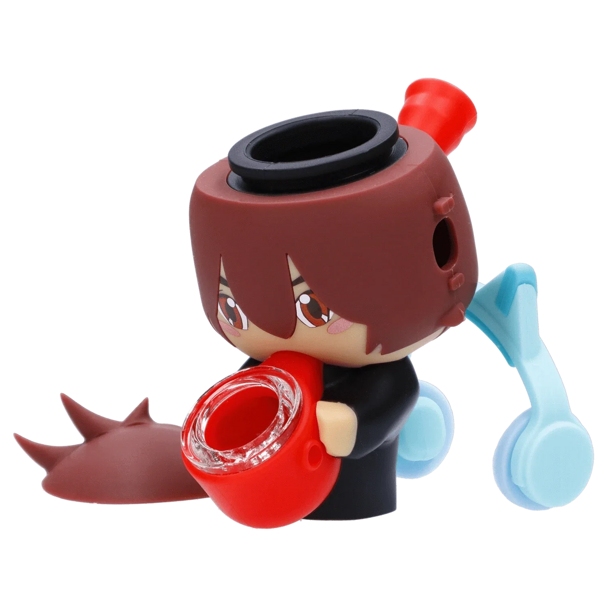 Close-up three-quarter view of the brown-haired Gamer Silipipe figurine holding a red pipe with pale blue headphones visible behind.