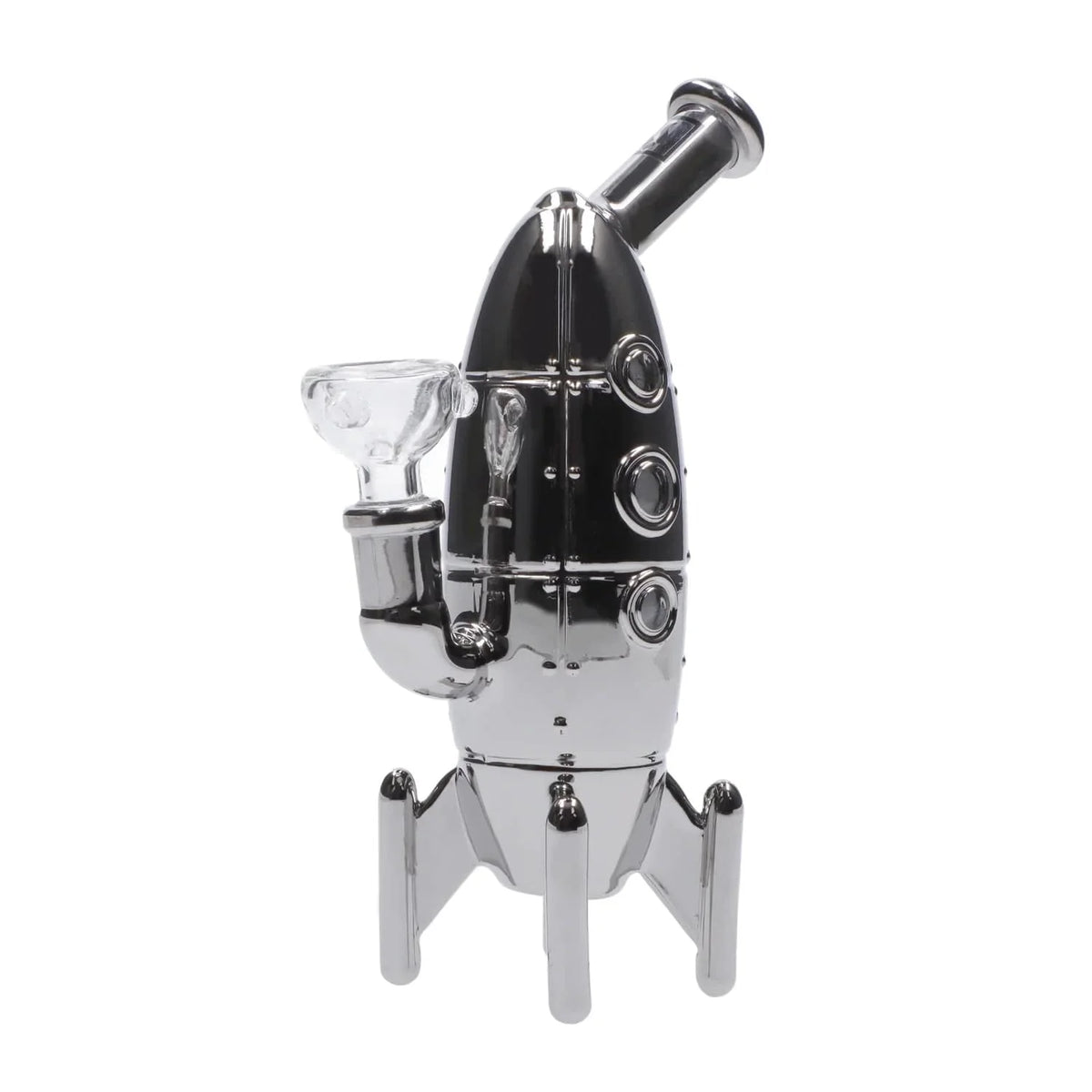 A three-quarter view of the silver DHC Originals March 2024 Rocket Bong, showcasing its sculpted design against a plain white background.